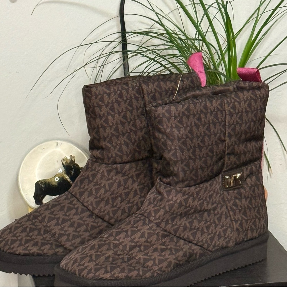 Michael Kors Dark Brown Monogram Boots with Pink Accents